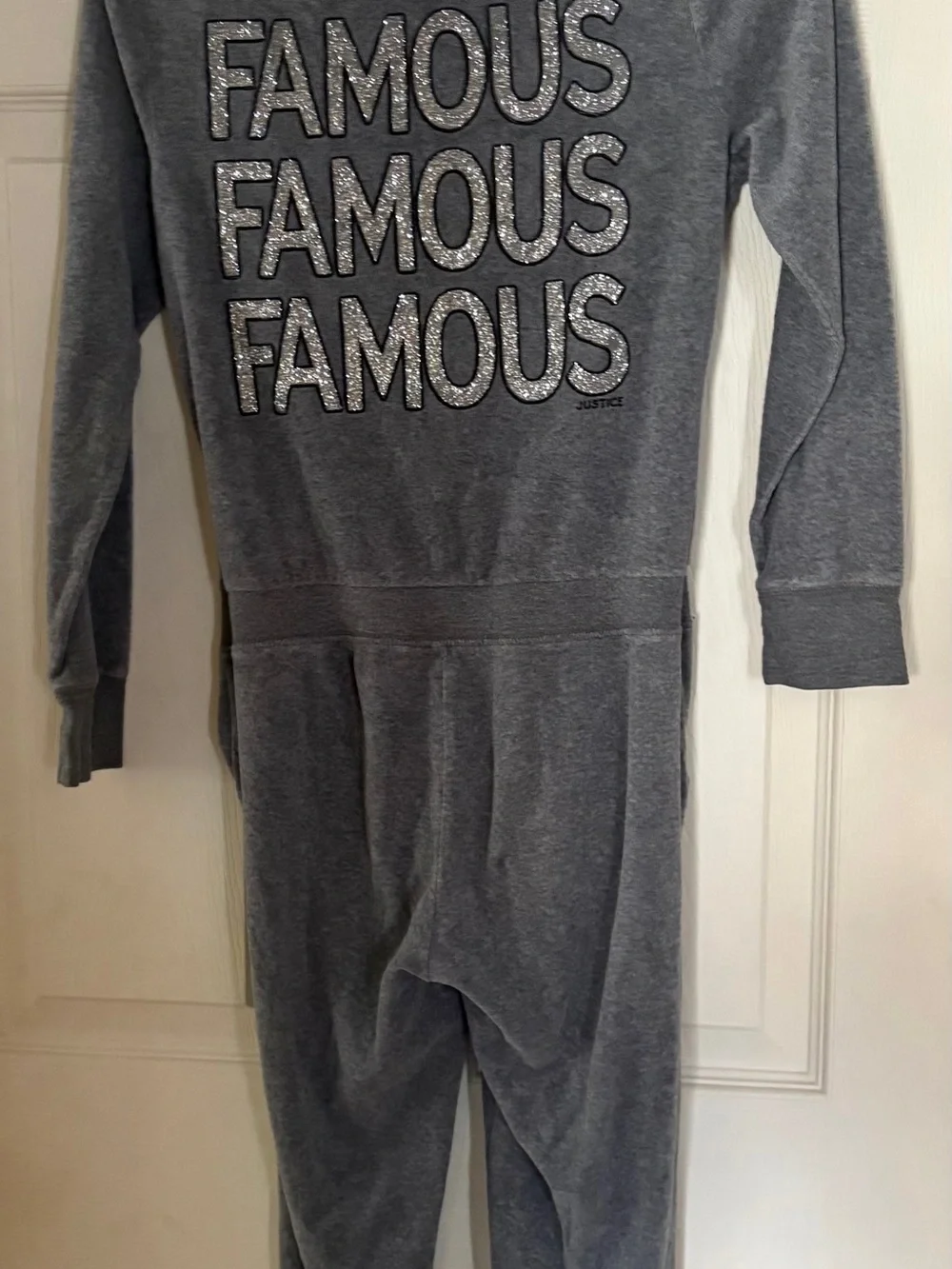 Justice Gray Velour One Piece Jumpsuit Hoodie with Shimmer Logo